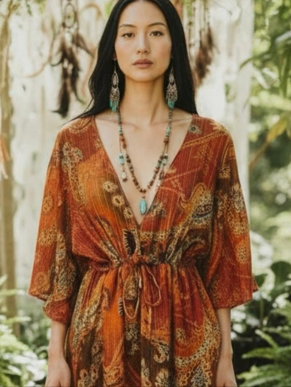 Boho V-Neck Tie-Waist Tunic Top Rust Paisley